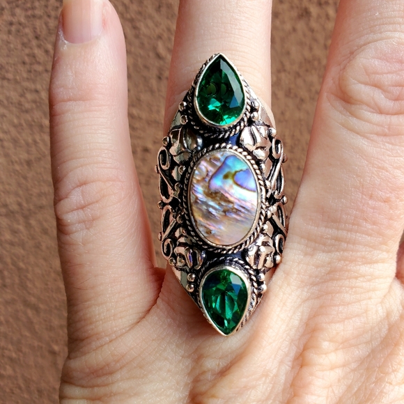 New Abalone Shell & Peridot 925 Silver Statement Ring. - Picture 6 of 16